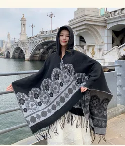 Women's ethnic floral tasseled hooded cloak shawl, thick warm winter travel outerwear.