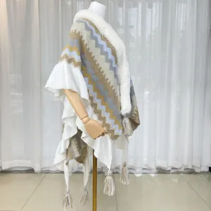 Close-up of the knitted cape detail showing geometric patterns and plush fur collar.