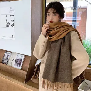 Detailed scene of a woman wearing a cozy brown winter scarf in a warm café setting.