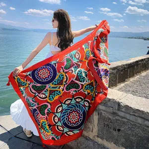 Ethnic style cotton linen tassel large beach shawl sun protection scarf travel resort vacation
