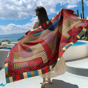 Detailed view showcasing the vibrant ethnic style geometric pattern large cotton linen beach shawl.