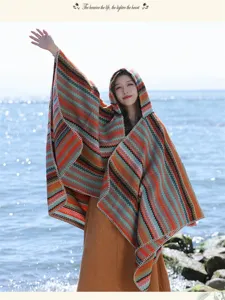 Boho striped hooded cape shawl for outdoor travel, ethnic style warm blanket cloak.