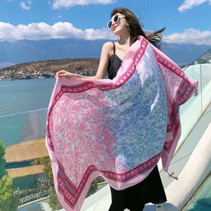 Ethnic floral tassel beach shawl wrap for women, stylish summer vacation sun protection scarf.