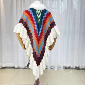 Colorful zigzag knit poncho with white fur collar and tassels for women autumn winter wear