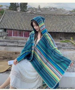 Ethnic style striped hooded cloak shawl, colorful knitted outdoor sunscreen travel cape for women.