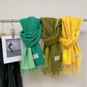 Detail view of thickened faux cashmere winter scarves in vibrant colors with fringe hems.