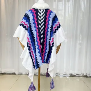 Women winter knitted poncho colorful zigzag stripe faux fur collar tassel cape shawl
