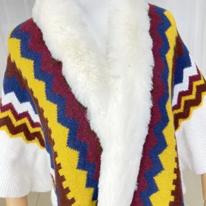 Women winter colorful zig zag knit shawl cape featuring plush white faux fur collar warm