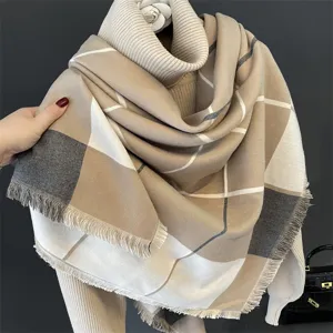 Autumn winter plaid shawl scarf, korean style cozy imitation cashmere thick warm wrap for women.
