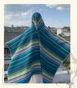 Colorful striped hooded poncho cape, ethnic boho travel outdoor sun protection shawl.
