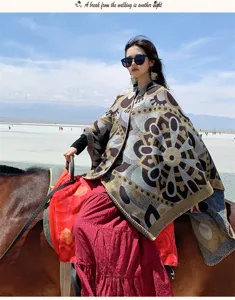 Ethnic style poncho cape warm thick blanket shawl for women travel outdoor photography wear