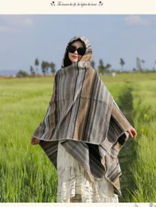 Ethnic style striped hooded cloak shawl for outdoor travel, sun protection, and daily fashion wear.