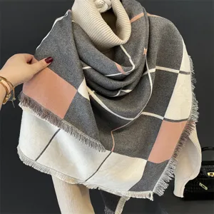 Thickened imitation cashmere large square scarf with modern block patchwork design for women.