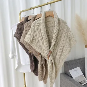 Women's Acrylic Knitted Triangle Shawl Thickened Warm Cape With Leather Buckle Elegant Winter Outerwear
