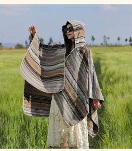 Ethnic style striped hooded cloak shawl for outdoor travel, sun protection, versatile wear.