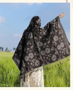 Vintage floral hooded cape for women ethnic style warm imitation cashmere poncho shawl outdoor.
