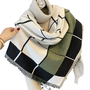 Winter color block plaid cashmere feel large square scarf thick warm shawl for women