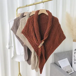Korean style solid color thick knit triangle shawl cape with leather buckle for women winter