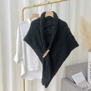Black knitted shawl with leather buckle, thick warm winter wrap scarf for women fashion outerwear.