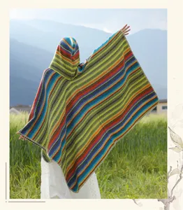 Colorful striped hooded poncho cape ethnic style shawl for outdoor travel and daily wear