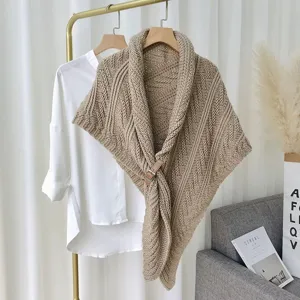Solid color knitted shawl cape with leather buckle winter warm fashion apparel outer wear