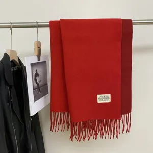 Solid color thick warm imitation cashmere scarf with fringe for autumn and winter daily wear.