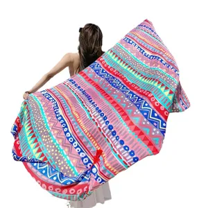 Boho ethnic print fringe beach towel shawl, colorful geometric vacation wrap scarf.