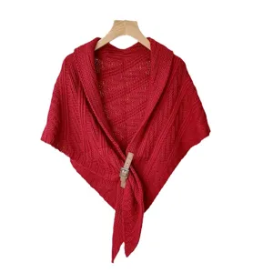 Red knitted winter warm fashion cape shawl with brown leather buckle closure for women