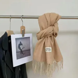 Classic solid color imitation cashmere scarf with tassels, thick warm winter scarf for women.