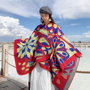 Bohemian Ethnic Style Floral Jacquard Thickened Warm Shawl Women Winter Travel Outdoor Cape Scarf Fashion Outerwear