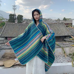 Colorful striped hooded cloak shawl for women, ethnic style outdoor travel sun protection cape.