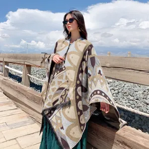 Ethnic style patterned woolen cloak shawl winter warm thick outdoor travel fashion women clothing