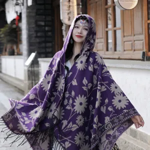 Women's Vintage Floral Ethnic Style Polyester Hooded Cape Thickened Warm Open Front Outerwear Cloak Shawl