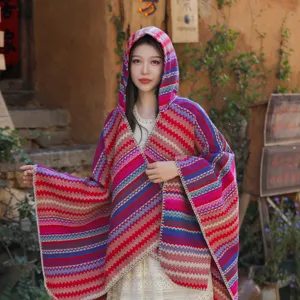 Ethnic style striped hooded cloak shawl for outdoor travel sun protection and comfort