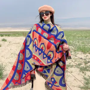 Ethnic style colorful printed tassel poncho shawl for women outdoor travel daily wear warm.