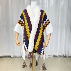 Women Autumn Winter Knitted Poncho Colorful Geometric Zigzag Tassel Fur Collar Cape