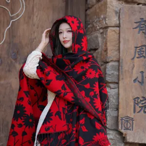 Retro floral ethnic faux cashmere hooded cape, warm winter thick shawl outer wear.