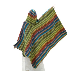 Colorful striped hooded poncho shawl, bohemian ethnic style cape for outdoor travel sun protection.
