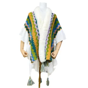Women's winter knitted chevron poncho cape with white faux fur collar and fringe tassels warm