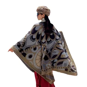 Ethnic style women hooded cloak winter warm travel photo knitted shawl outerwear