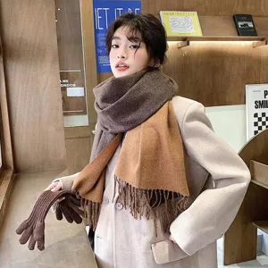 Women winter warm imitation cashmere gradient color scarf with fringe and knitted gloves set.