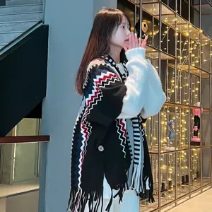 Cape poncho en tricot géométrique style ethnique avec franges mode femme châle chaud d'hiver