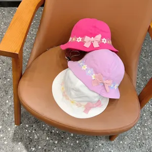 Cute floral embroidered bucket hat for kids, sweet bow sun protection basin hat spring.