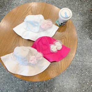 Cute baby cotton bucket hat with lace bow, lightweight princess sun hat for little girls.
