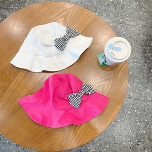 Children bucket hat cute houndstooth bow baby princess sun hat breathable cotton infant cap.