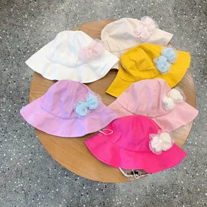 Kids bucket hat cute mesh bow sun hat baby girl breathable cotton adjustable pink white yellow