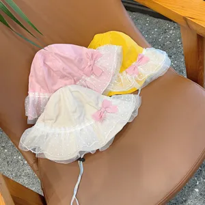 Cute baby bucket hat with lace mesh and pink bow, sweet princess sun hat for little girls.