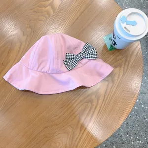 Children pink bucket hat with houndstooth bow cute baby girl sun protection hat spring