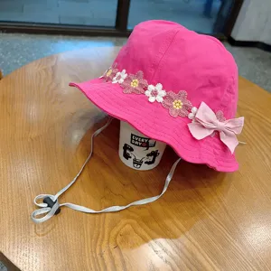 Cute Kids Pink Bucket Hat with Floral Embroidery and Adjustable Chin Strap for Outdoor Sun Protection
