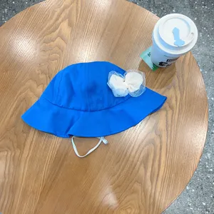 Cute baby bucket hat blue with white mesh bow children sun hat adjustable toddler cap